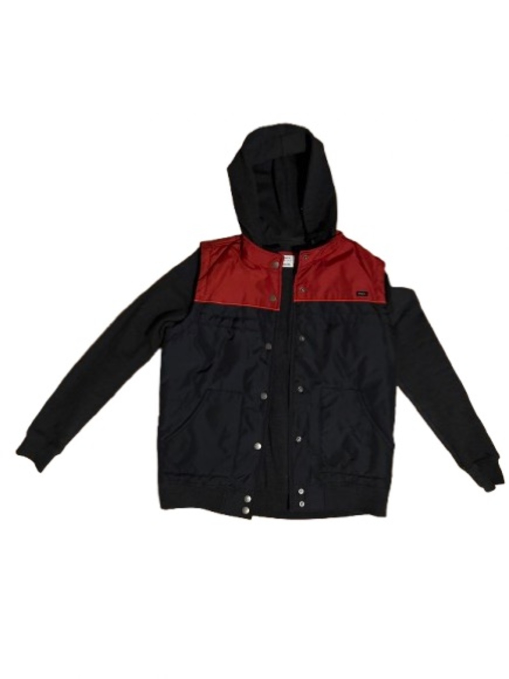 Two-Tone Hooded RVCA Jacket in Black and Red with drawstrings and pockets
